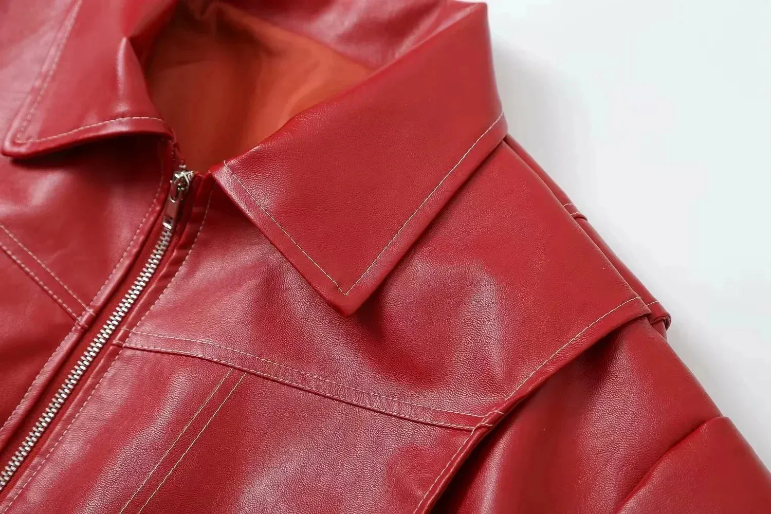 Red Faux Leather Bomber Jacket for Women