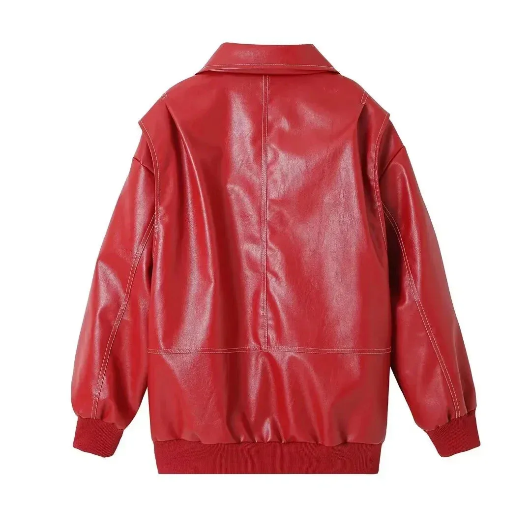 Red Faux Leather Bomber Jacket for Women