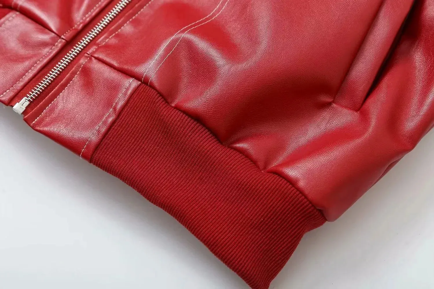 Red Faux Leather Bomber Jacket for Women