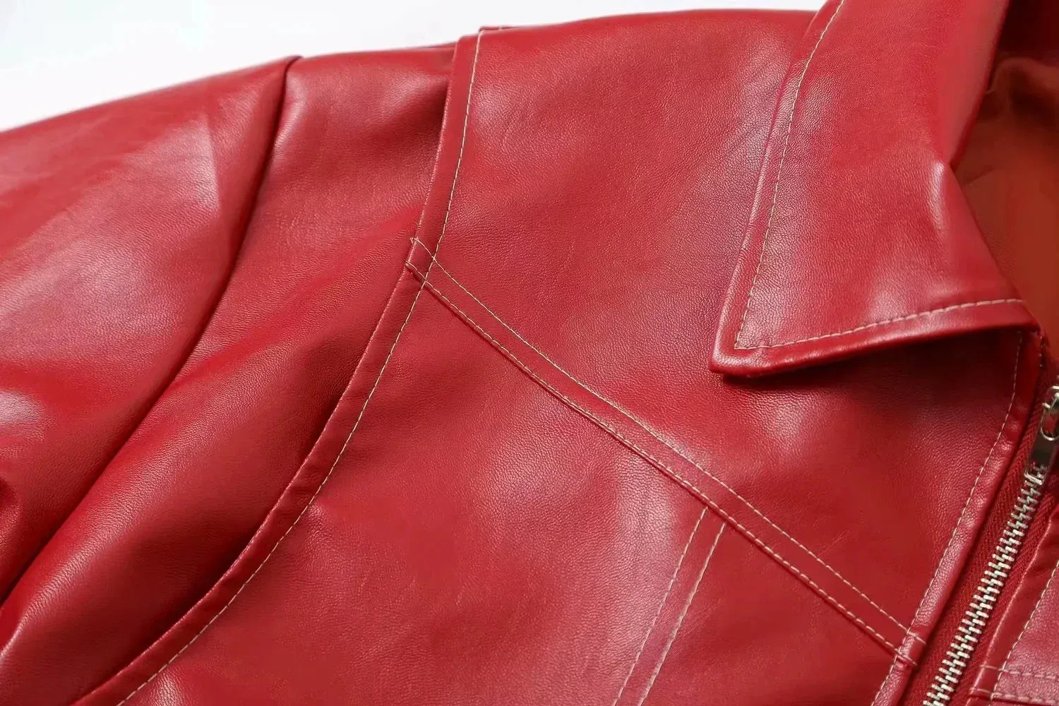 Red Faux Leather Bomber Jacket for Women