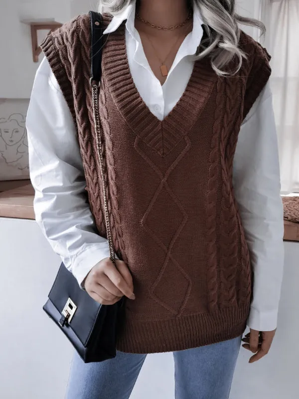 Rhombus Cable Knitted Vest - V Neck Sweater