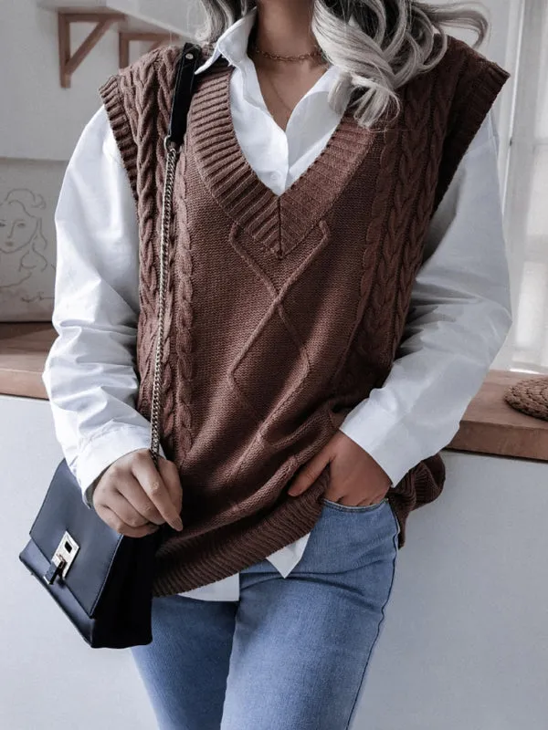 Rhombus Cable Knitted Vest - V Neck Sweater