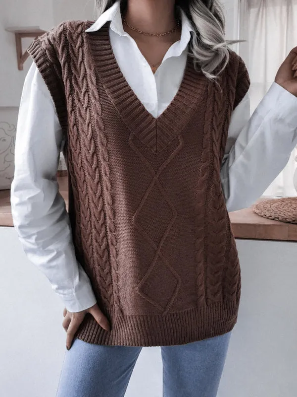 Rhombus Cable Knitted Vest - V Neck Sweater