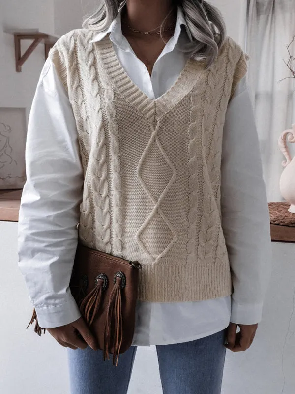 Rhombus Cable Knitted Vest - V Neck Sweater