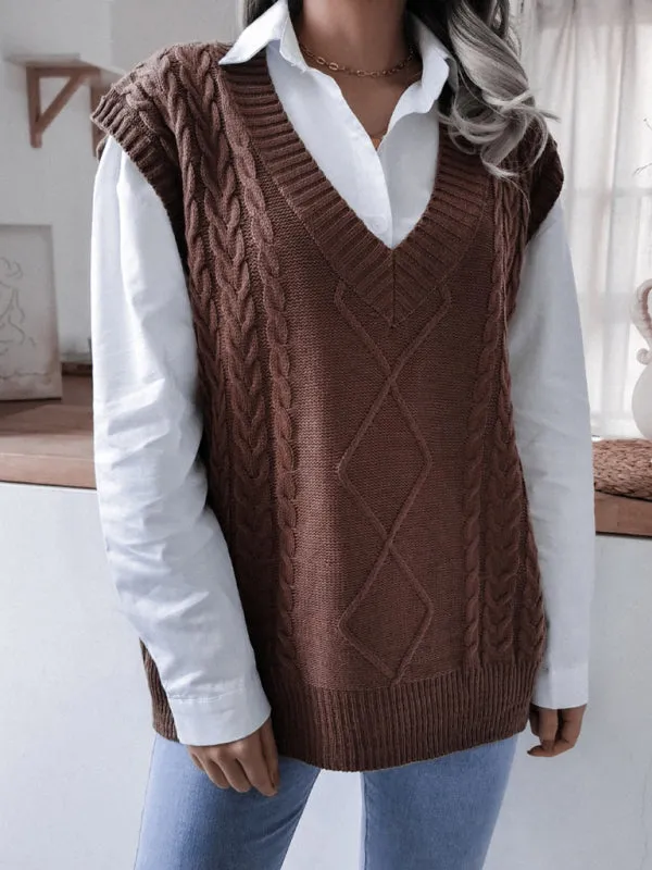 Rhombus Cable Knitted Vest - V Neck Sweater