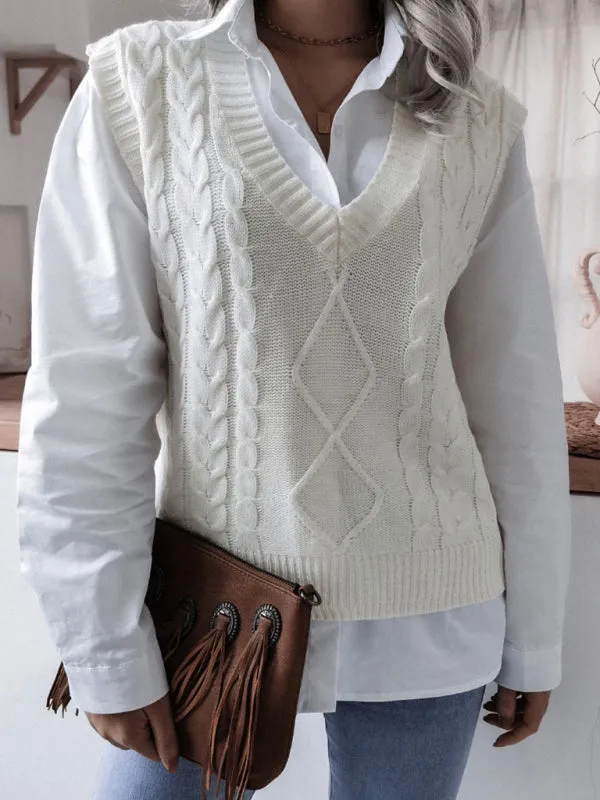 Rhombus Cable Knitted Vest - V Neck Sweater