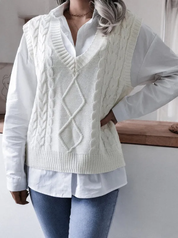 Rhombus Cable Knitted Vest - V Neck Sweater