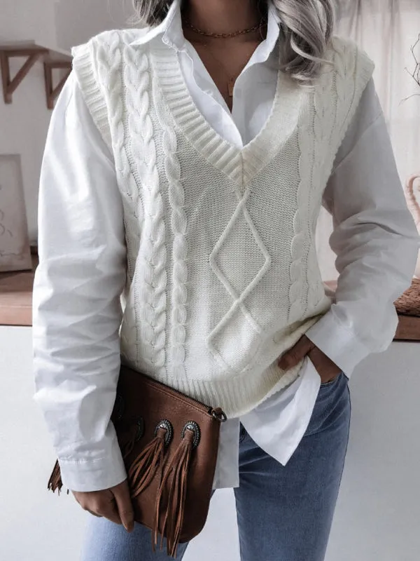 Rhombus Cable Knitted Vest - V Neck Sweater