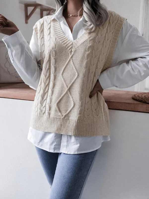 Rhombus Cable Knitted Vest - V Neck Sweater