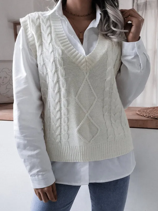 Rhombus Cable Knitted Vest - V Neck Sweater