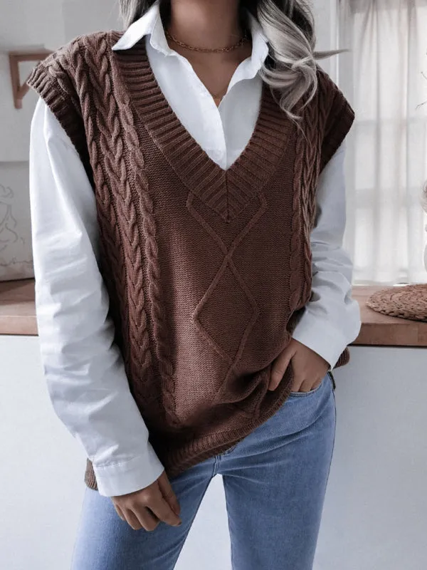 Rhombus Cable Knitted Vest - V Neck Sweater