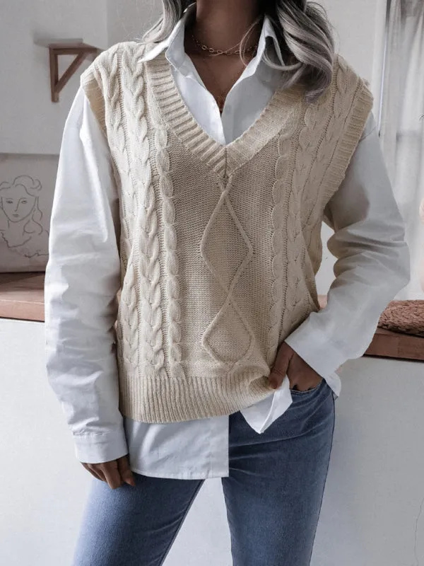 Rhombus Cable Knitted Vest - V Neck Sweater