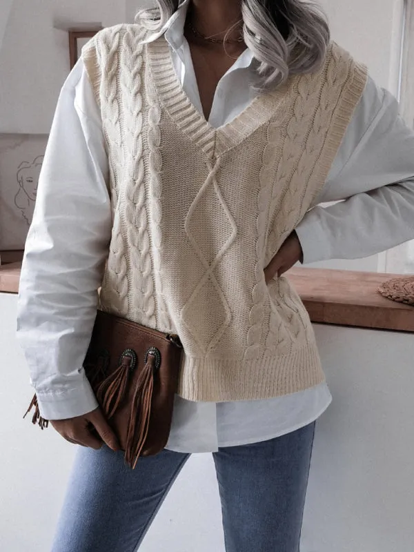 Rhombus Cable Knitted Vest - V Neck Sweater