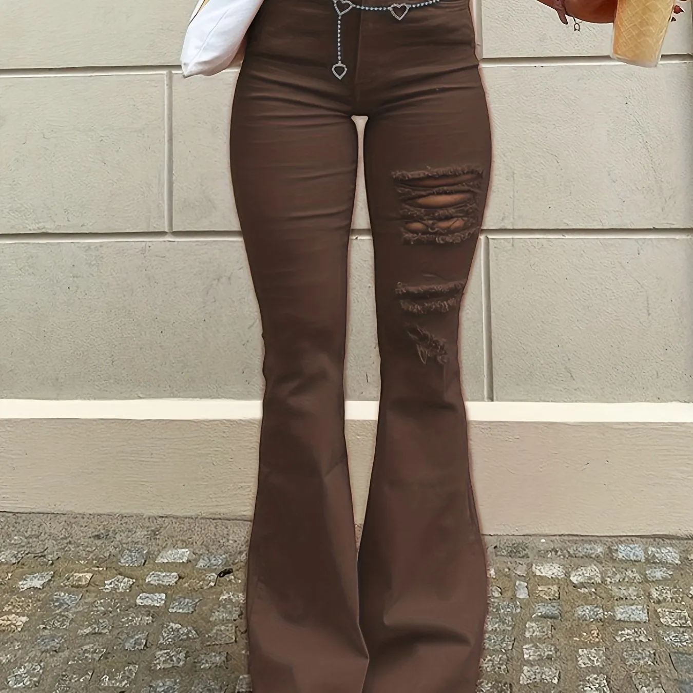 Ripped One Leg High Rise Brown  Bell Bottom Shape Distressed Flare Jeans