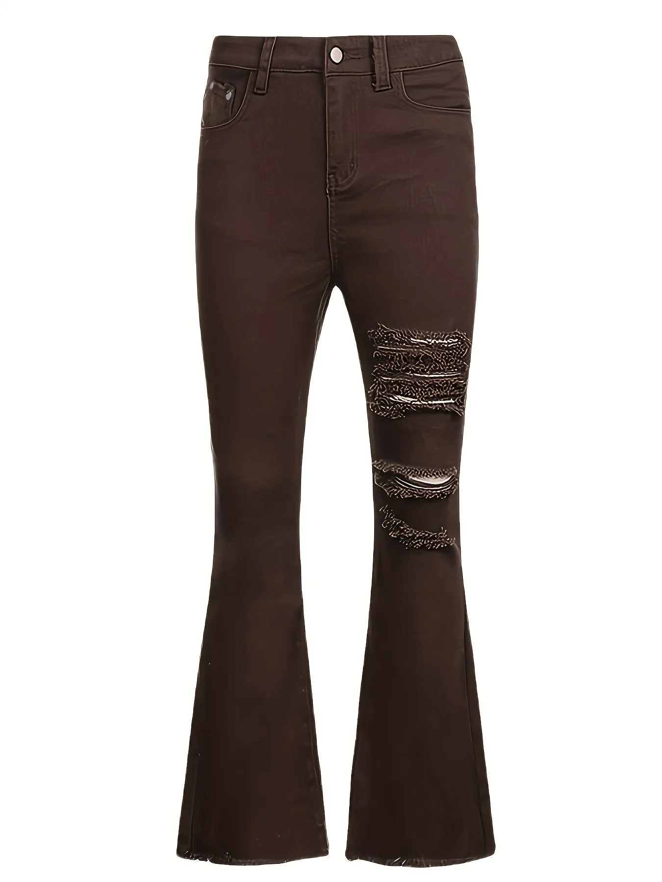 Ripped One Leg High Rise Brown  Bell Bottom Shape Distressed Flare Jeans