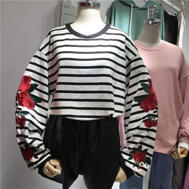 Roses Embroidery Vintage Striped Sweatshirt