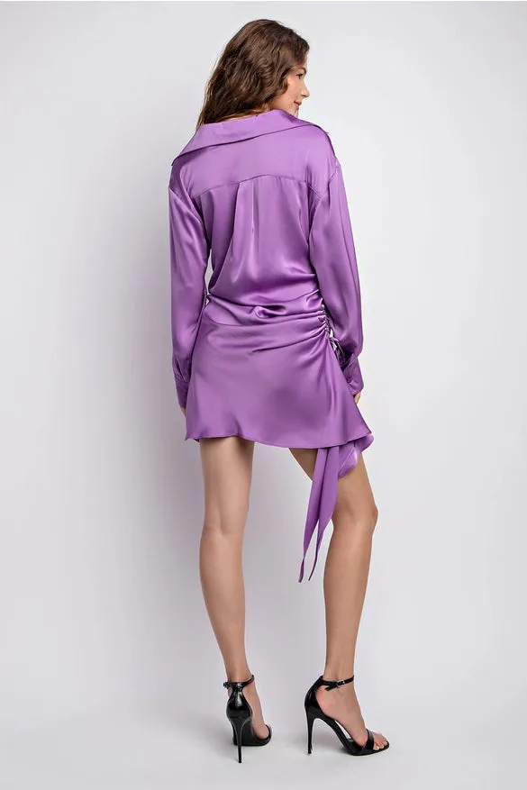 Satin Cowl Neck Ruched Detail Long Sleeve Mini Dress Purple