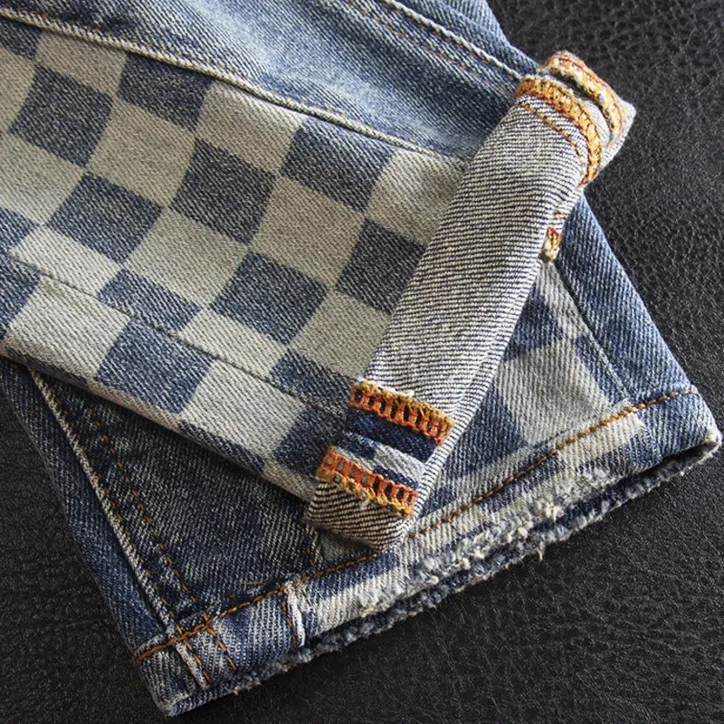 Side Plaid Blue Regular Ripped Jeans