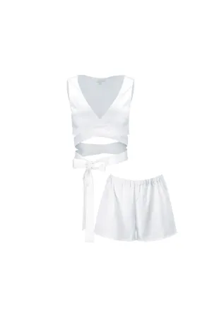 Silk Shorts and Crop Top Pajamas 'Persephone' in Milk White