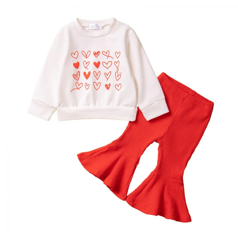 Spring New Girls Valentine's Day Cute Print Set Children's Vests Red Bell Bottoms Wholesale Girls Clothes