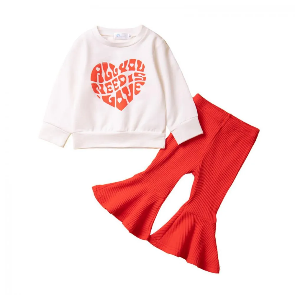 Spring New Girls Valentine's Day Cute Print Set Children's Vests Red Bell Bottoms Wholesale Girls Clothes