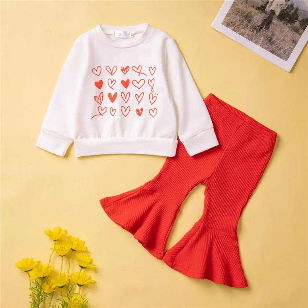 Spring New Girls Valentine's Day Cute Print Set Children's Vests Red Bell Bottoms Wholesale Girls Clothes