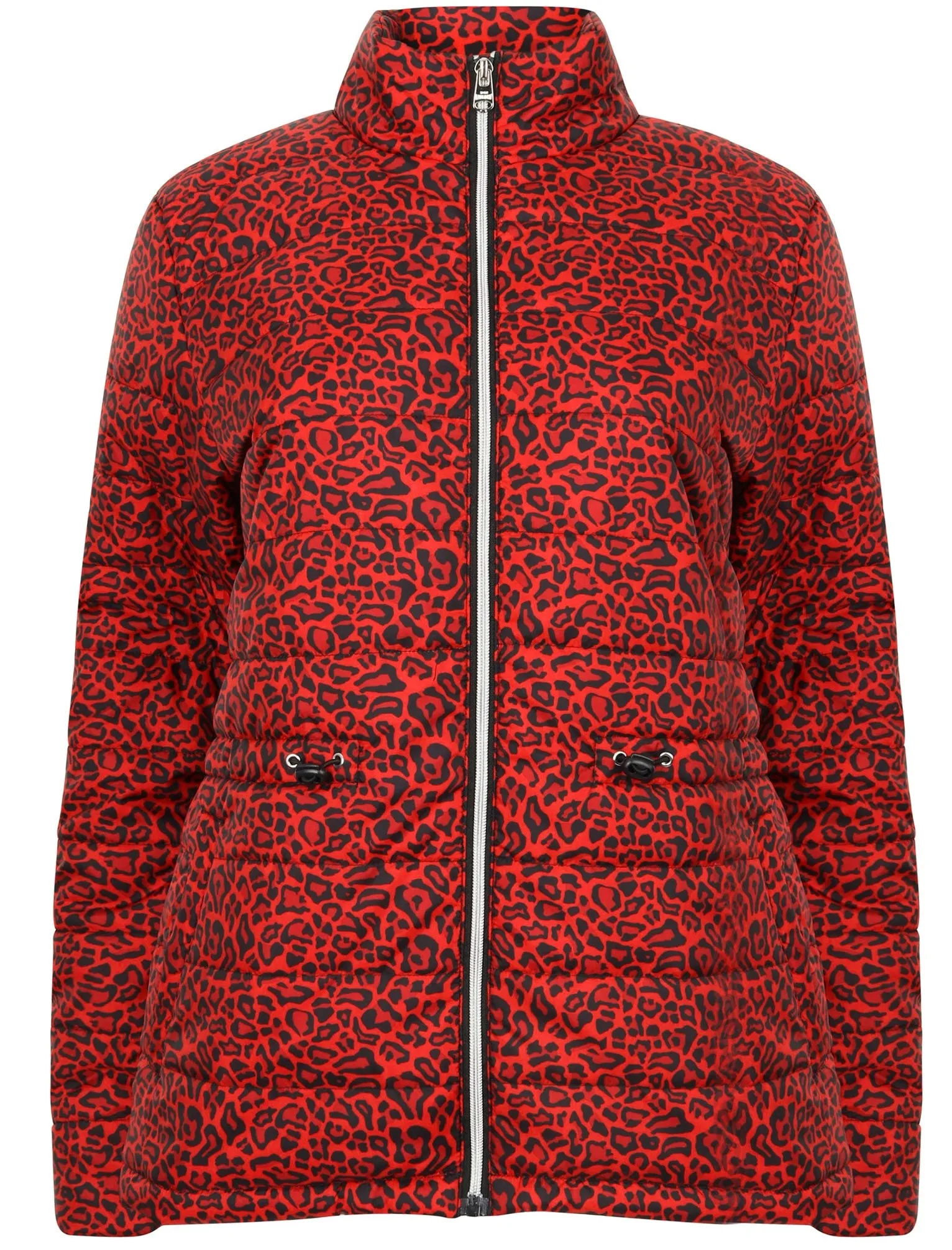 Syros Leopard Print Light Packaway Funnel Neck Quilted Jacket in Red - Tokyo Laundry