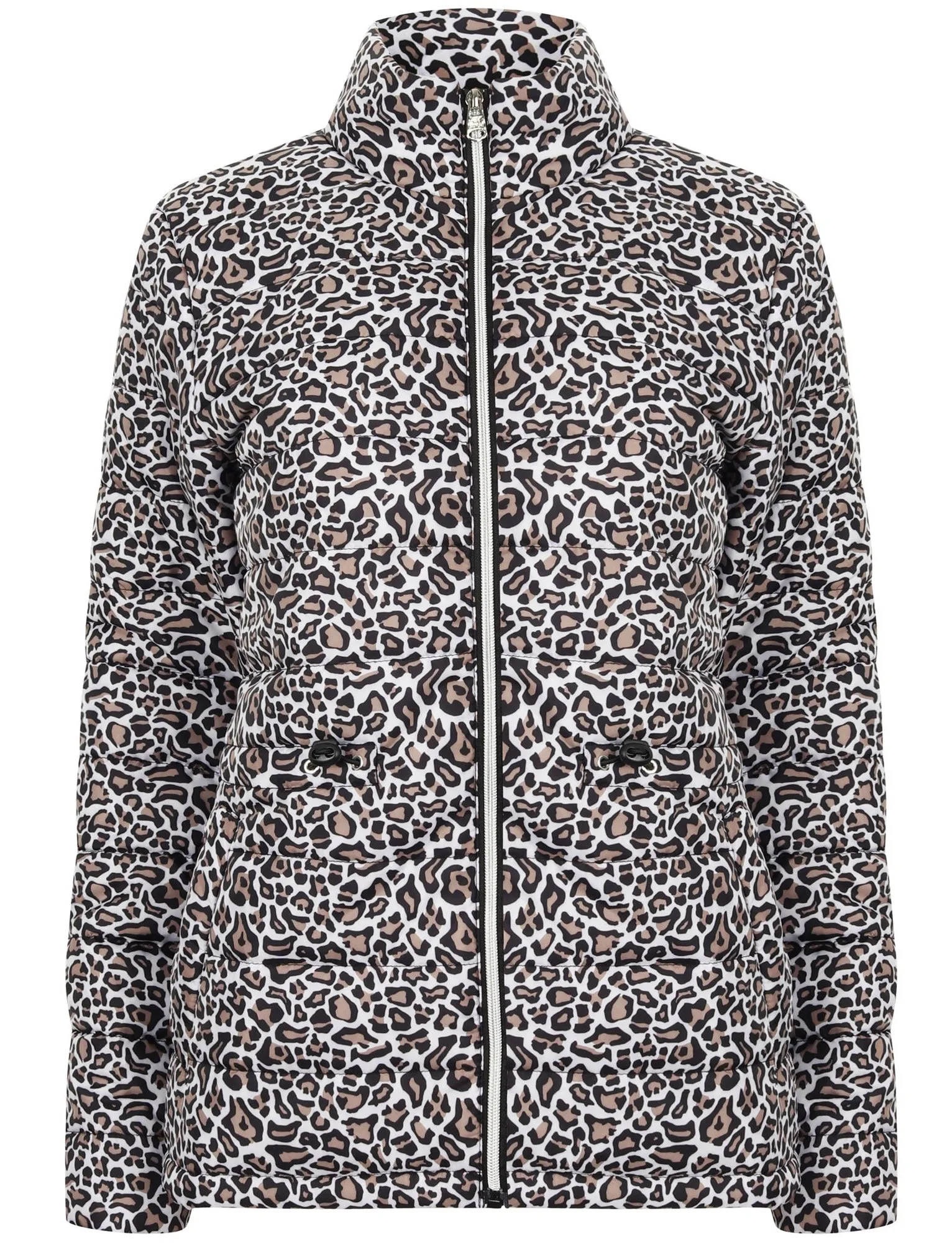 Syros Leopard Print Light Packaway Funnel Neck Quilted Jacket in Stone - Tokyo Laundry