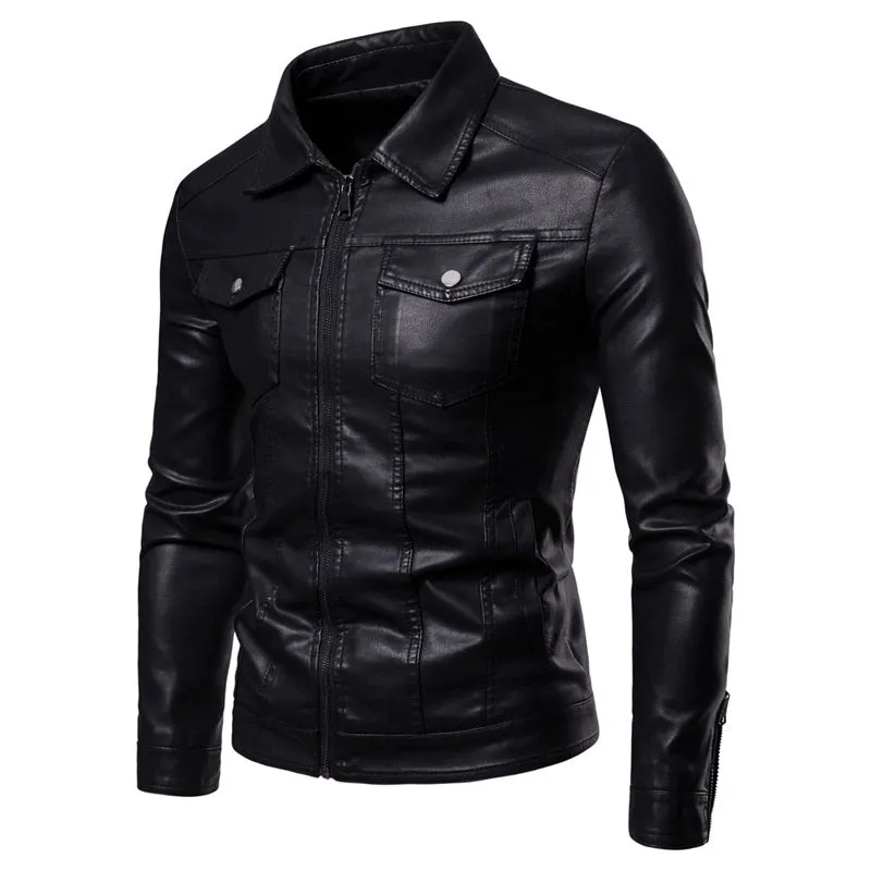 Thin Slim Leather Jacket Men's Lapel Leather Jacket Trendy Casual Classy Handsome Autumn and Winter Fleece-lined Motorcycle Jacket Men