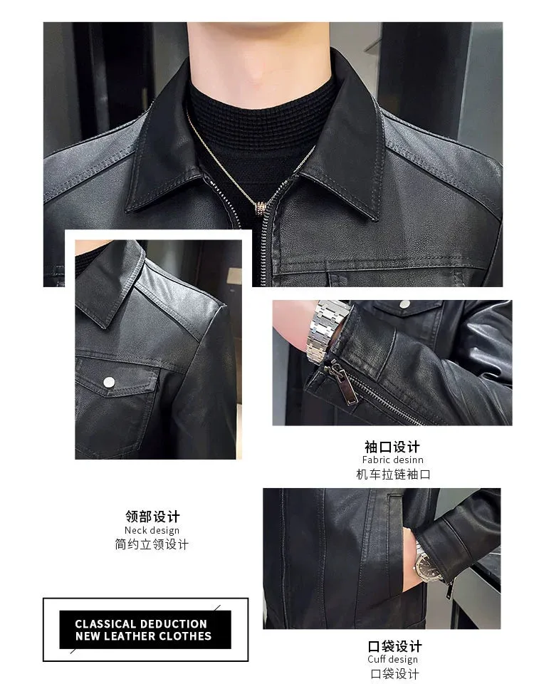 Thin Slim Leather Jacket Men's Lapel Leather Jacket Trendy Casual Classy Handsome Autumn and Winter Fleece-lined Motorcycle Jacket Men