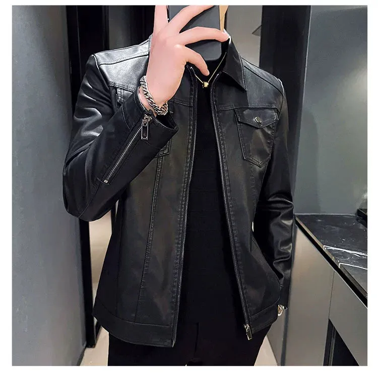 Thin Slim Leather Jacket Men's Lapel Leather Jacket Trendy Casual Classy Handsome Autumn and Winter Fleece-lined Motorcycle Jacket Men