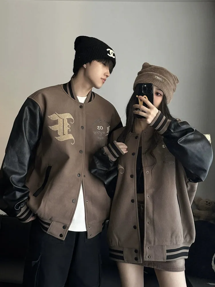 Trendy Couple Wear Spring & Fall Loose PU Leather Baseball Uniform