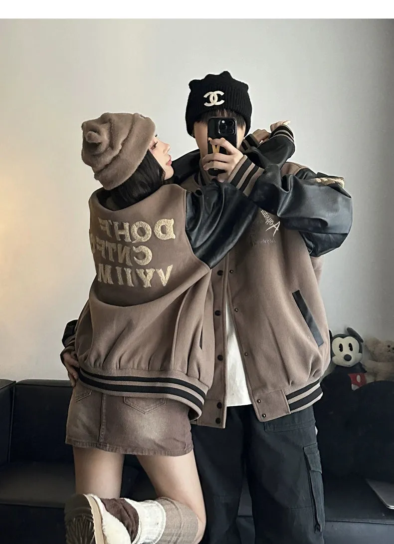 Trendy Couple Wear Spring & Fall Loose PU Leather Baseball Uniform