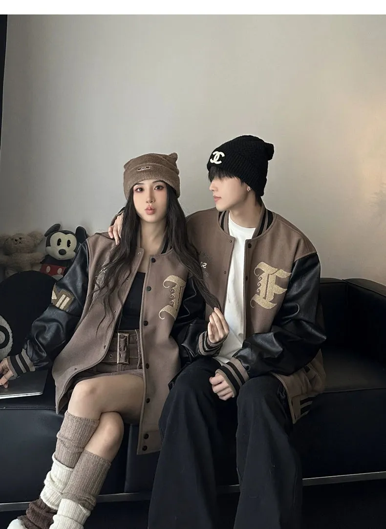 Trendy Couple Wear Spring & Fall Loose PU Leather Baseball Uniform