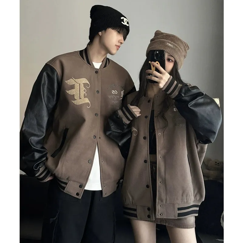 Trendy Couple Wear Spring & Fall Loose PU Leather Baseball Uniform