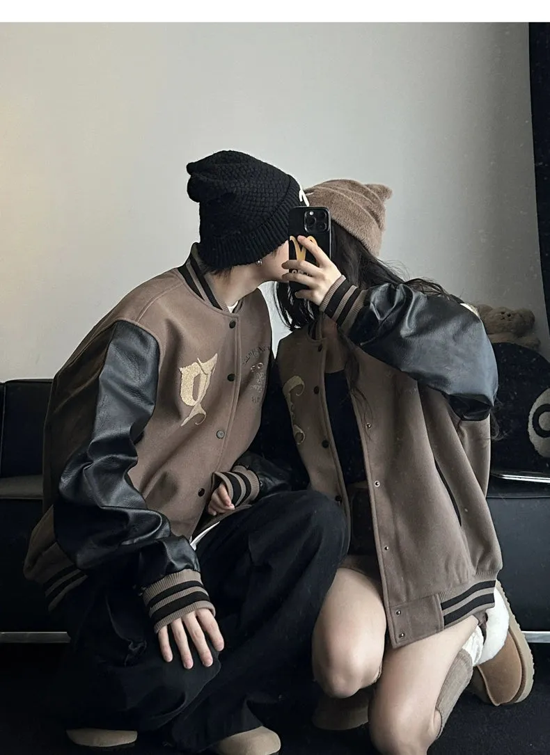 Trendy Couple Wear Spring & Fall Loose PU Leather Baseball Uniform