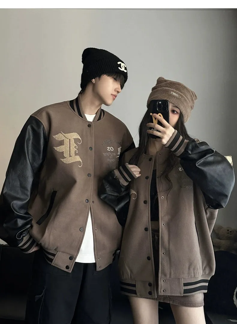 Trendy Couple Wear Spring & Fall Loose PU Leather Baseball Uniform