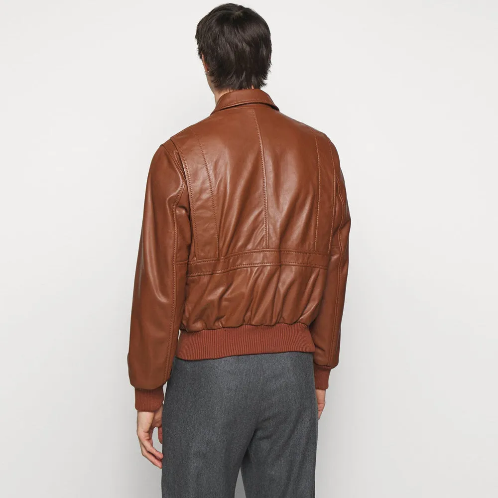 Trendy Men’s Tan Brown Leather Bomber Jacket