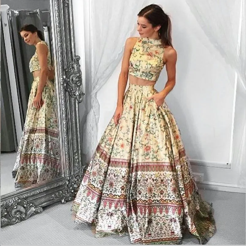 Unique A line Two Piece High Neck Tribal Satin Prom Dresses with Pockets Party Dresses WK190