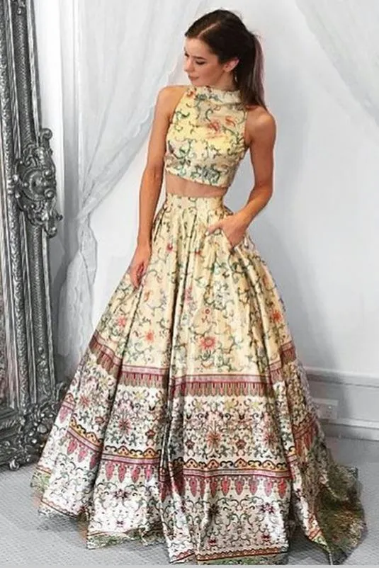 Unique A line Two Piece High Neck Tribal Satin Prom Dresses with Pockets Party Dresses WK190