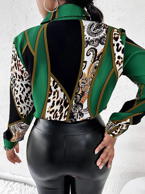 Urban Long Sleeves Loose Printed Leopard Lapel Collar Blouses&Shirts Tops