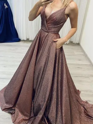 V-neck Shiny Satin Prom Dresses, A-line Prom Dresses, 2022 Prom Dresses, Simple Elegant Prom Dresses, RC028