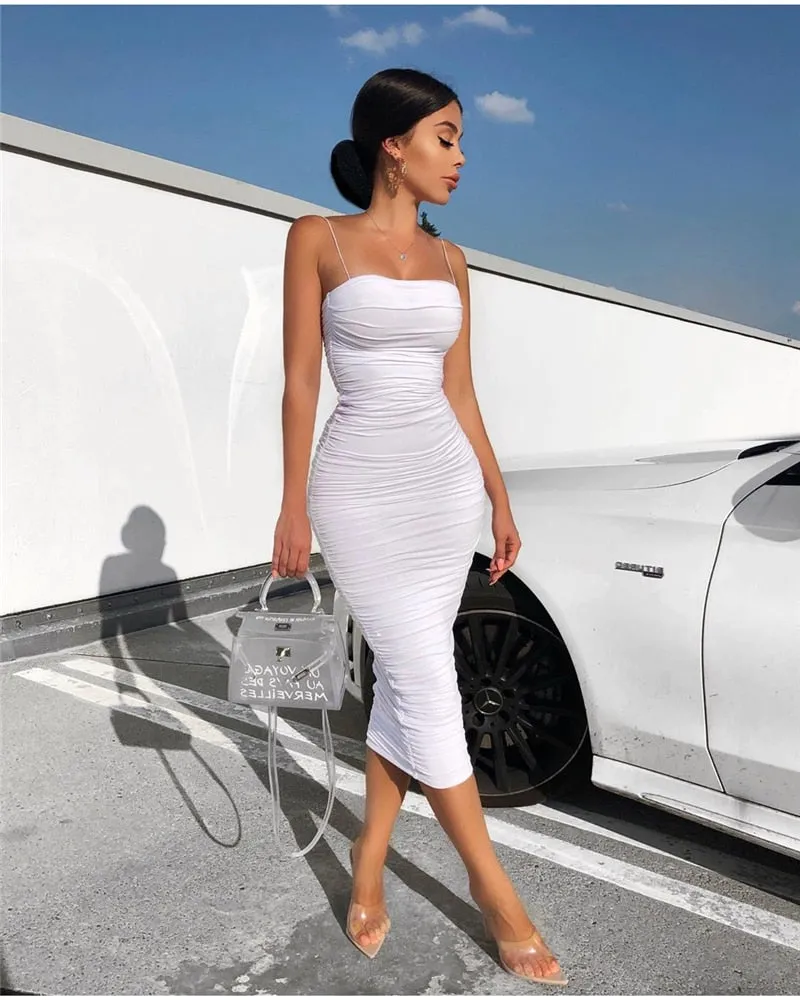 VenusFox Sexy Women Bodycon Dress Slim Elegant Ruched Maxi Dresses Summer Strapless White Backless 2 Layer Evening Party Dress Women