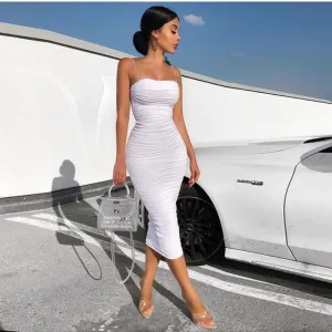 VenusFox Sexy Women Bodycon Dress Slim Elegant Ruched Maxi Dresses Summer Strapless White Backless 2 Layer Evening Party Dress Women