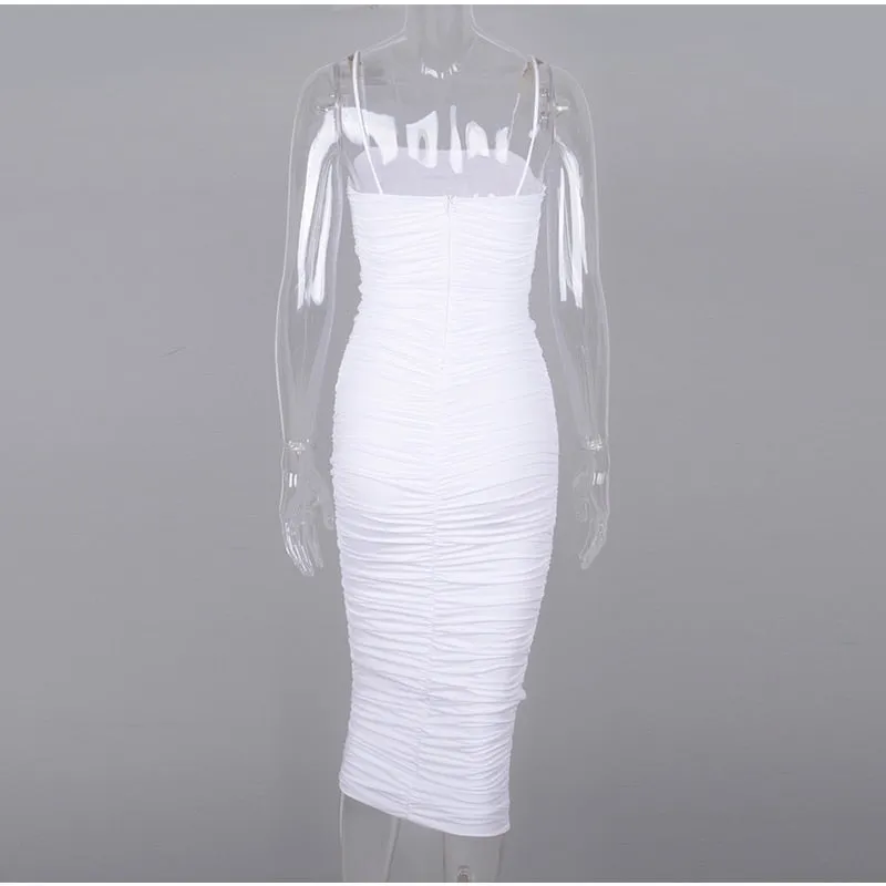 VenusFox Sexy Women Bodycon Dress Slim Elegant Ruched Maxi Dresses Summer Strapless White Backless 2 Layer Evening Party Dress Women