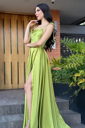 Vintage A-Line Satin Off-The-Shoulder Sleeveless Green Prom Dresses With Ruffles Split