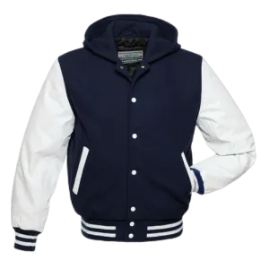 Warrior Gears Classic Hybrid Varsity Jacket for Kids, Toddler Letterman Bomber Jacket for Boys, Unisex Varsity   Jacket Girls, Navy Blue Wool Body & White Cowhide Leather Sleeves