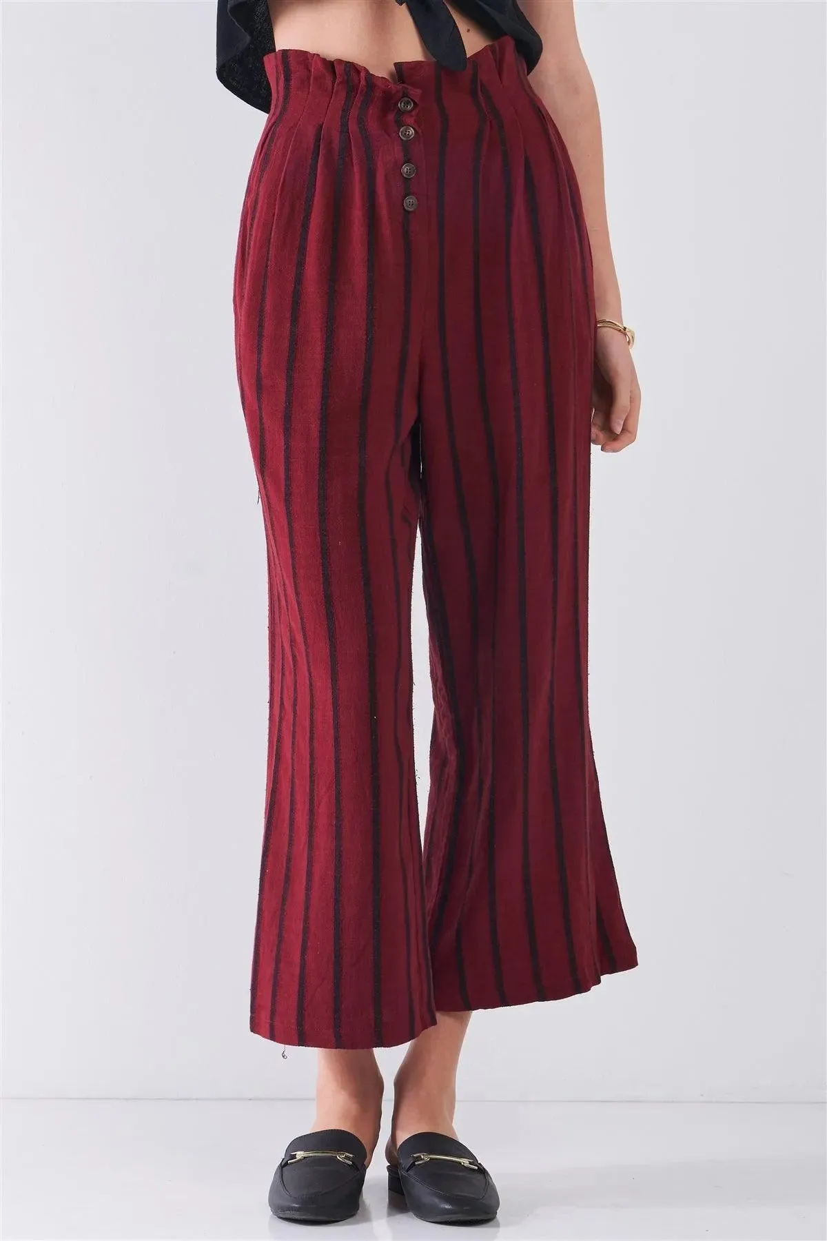 Wine & Black Linen Striped Frill Hem Button-Down High Waist Wide Leg Capri Pants /3-2