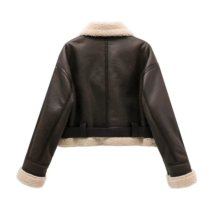 Women Faux Leather Aviator Jacket with Sherpa Lining