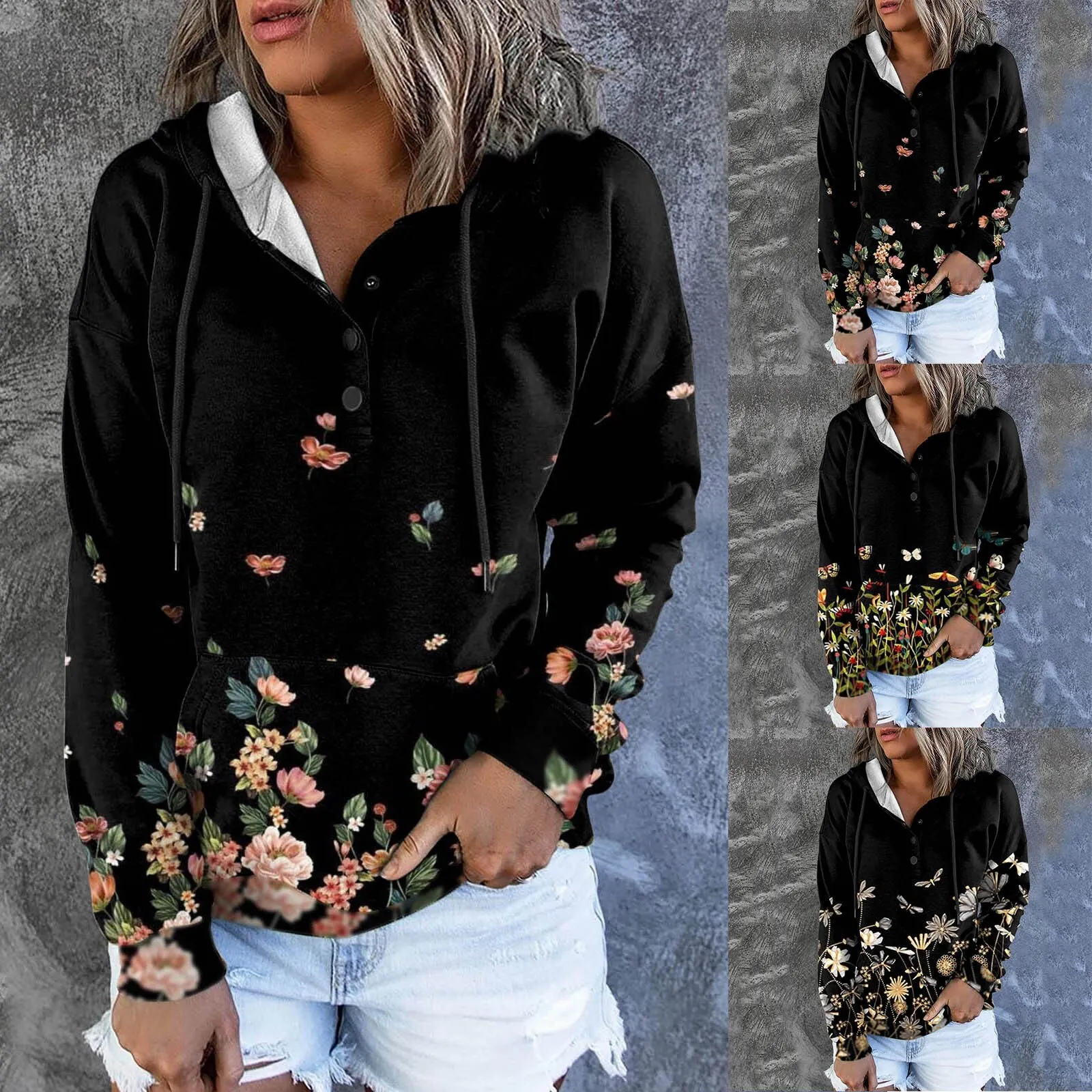 Women Floral Print Casual Warm Hoodies